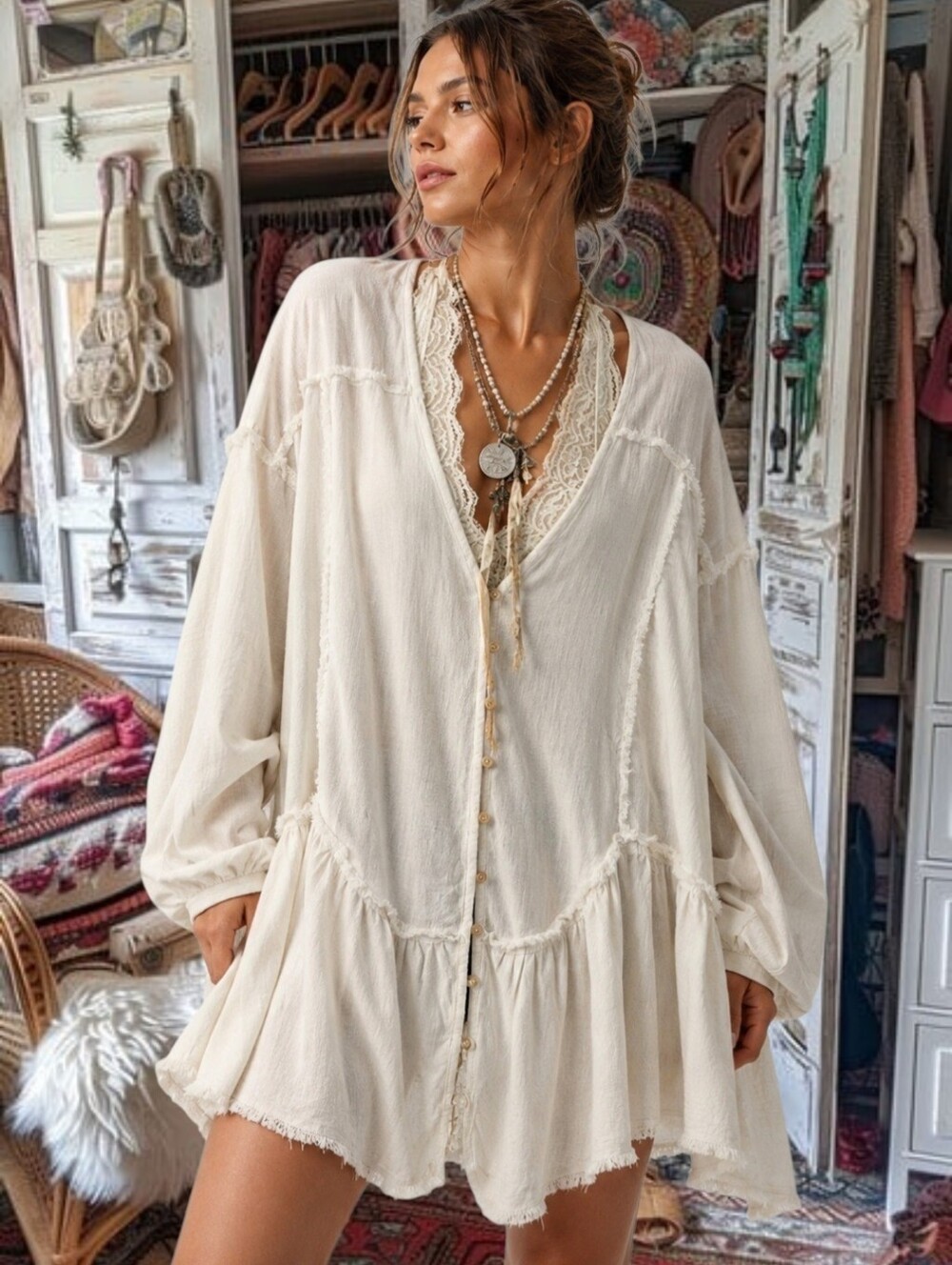 Bohemian Free Style Boho Cream Peasant boemian Tunic Top Shirt Dress Xl Nwot